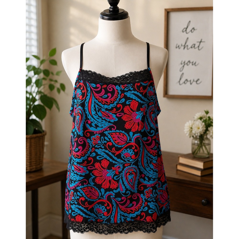 Fashion Bug Paisley Floral Lace Trim Cami Top Black Blue Red Retro inspired 2X